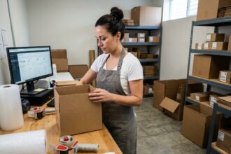 Femme emballant une caisse carton dans un entrepôt e-commerce avec du matériel d'expédition sur la table