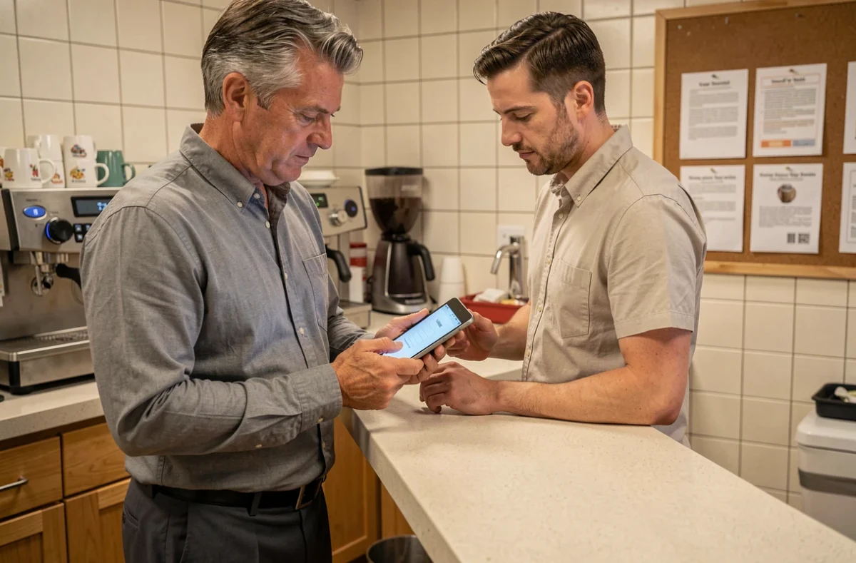 Employé consultant l'intranet salarié Blachère sur une tablette dans la salle de pause