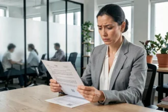 Employée en temps partiel examinant attentivement son contrat de travail dans un bureau moderne, illustrant les droits liés aux heures complémentaires