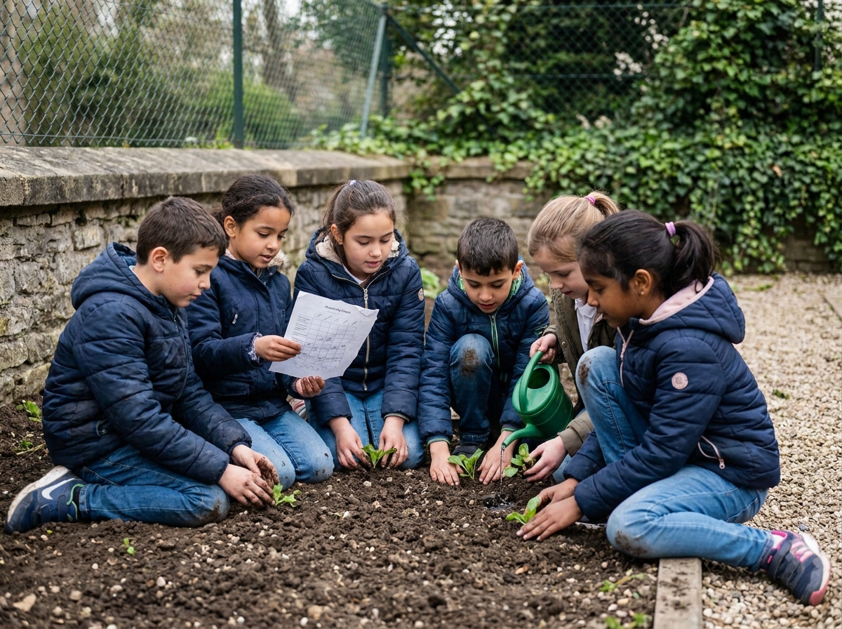 Enfants d'âges et d'origines diverses plantant des semis ensemble dans un jardin scolaire, apprenant la coopération et le respect mutuel à travers un projet concret de jardinage collectif