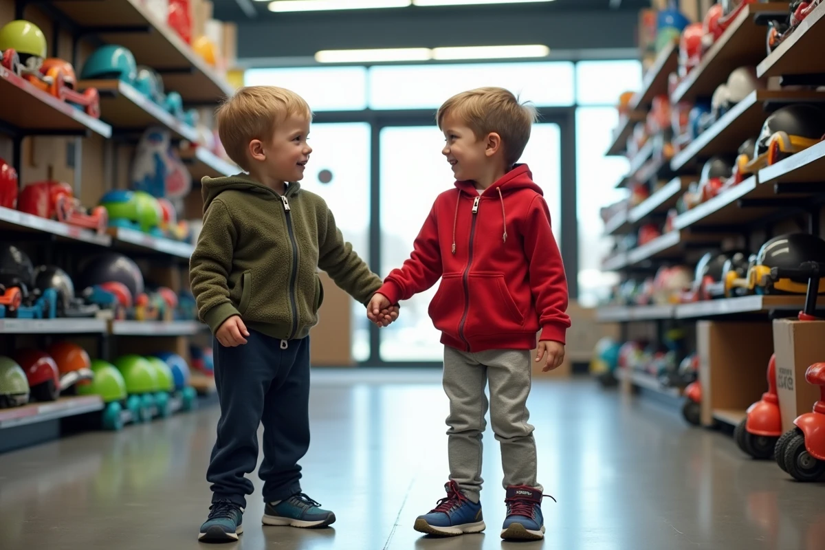 Deux enfants découvrant des trottinettes et équipements de loisirs dans un magasin partenaire Shopping Pass
