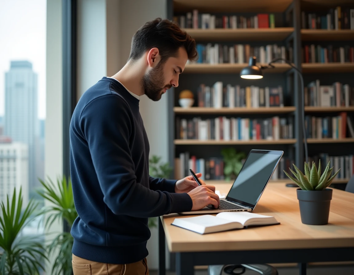 Entrepreneur masculin consultant un abonnement journal business depuis son bureau à domicile
