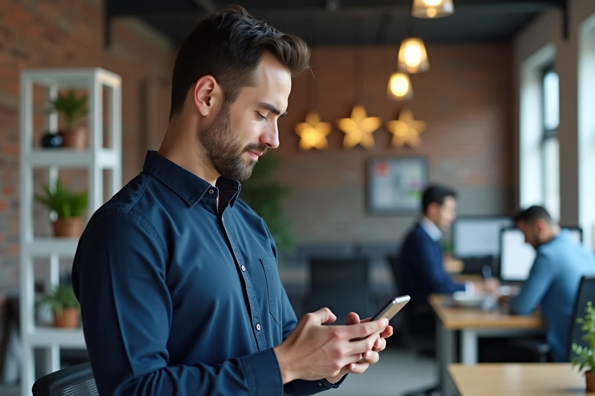 Entrepreneur e-commerce consultant les avis clients sur son smartphone dans un espace de coworking moderne