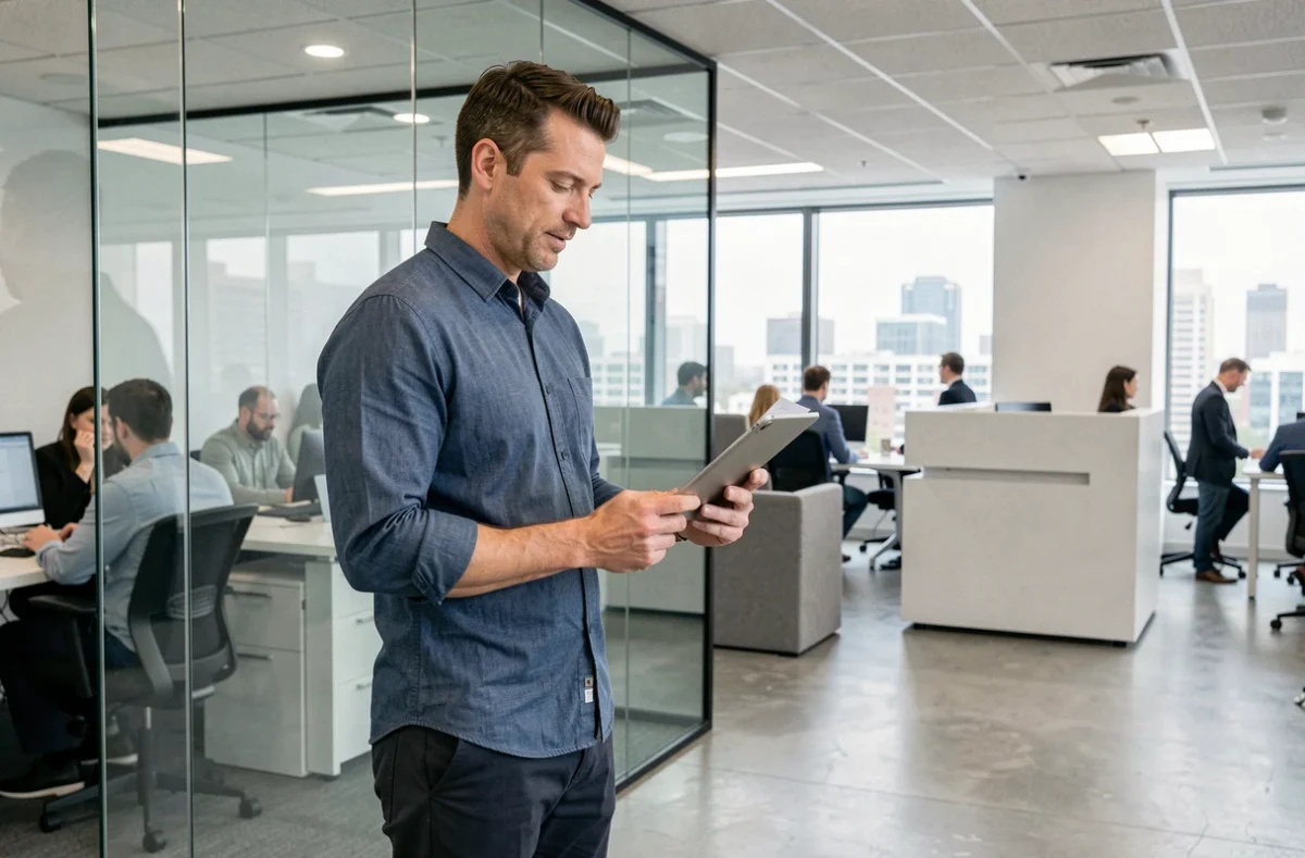 Entrepreneur nomade consultant les tarifs d'un bureau flexible dans un centre d'affaires moderne