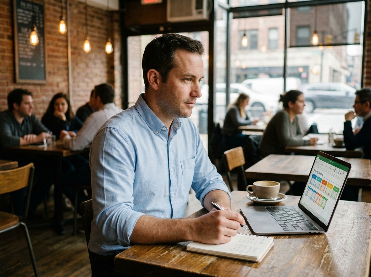 Entrepreneur consultant son logiciel de comptabilité dans un café pour gérer sa relation bancaire