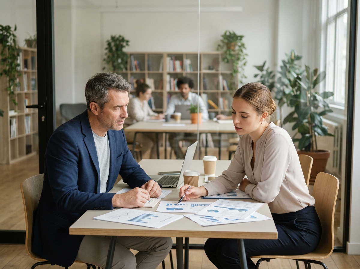 Un entrepreneur discutant de la stratégie de son site vitrine avec une consultante en agence web autour de documents d'analyse dans une salle de réunion moderne