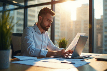Entrepreneur analysant documents financiers dans un bureau lumineux
