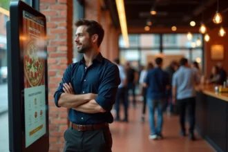 Entrepreneur debout à côté d'un kiosque de commande pizza numérique dans une pizzeria moderne en 2026