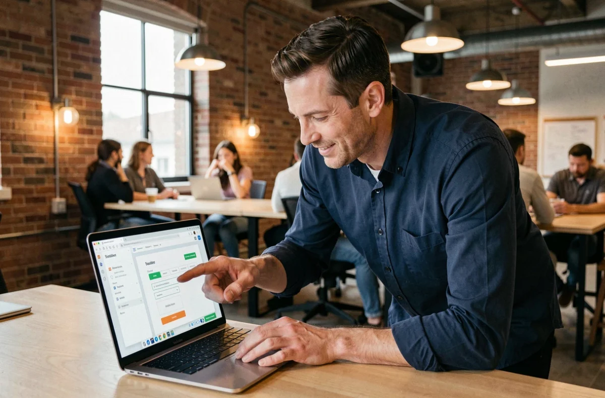 Entrepreneur masculin présentant un outil de création de membership sans code dans un espace de coworking moderne