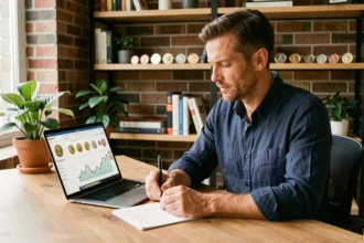 Entrepreneur en home office analysant des graphiques financiers liés à une passion transformée en activité rentable