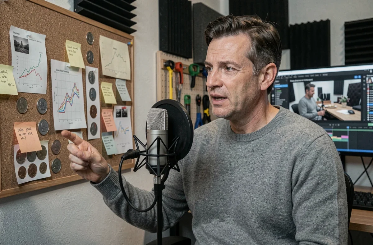 Entrepreneur enregistrant un podcast de conseils business pour monétiser son expertise en collections de monnaies en 2026