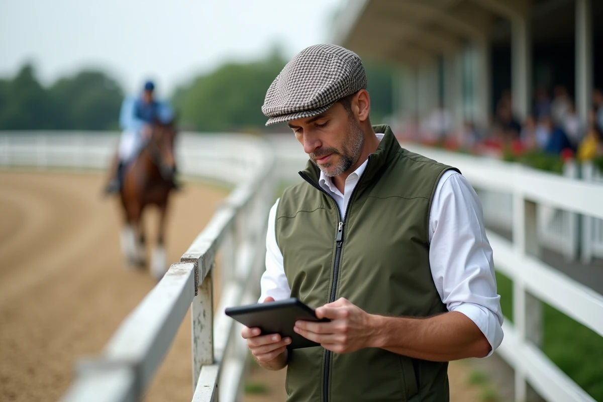 Entrepreneur du monde du trot consultant des données business sur tablette dans un paddock de hippodrome