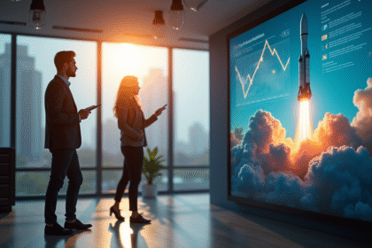 Deux entrepreneurs innovants dans un bureau moderne avec écran digital