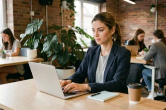 Entrepreneuse nomade travaillant dans un bureau de coworking moderne au prix abordable du Foyer Entrepreneurial