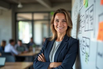 Entrepreneuse confiante devant un tableau de planification de projet dans un espace de co-working moderne en 2026