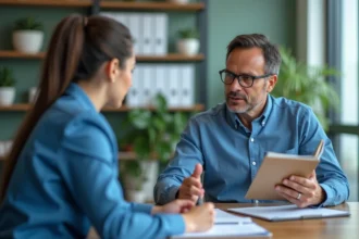 Homme en uniforme et HR en discussion dans un bureau moderne
