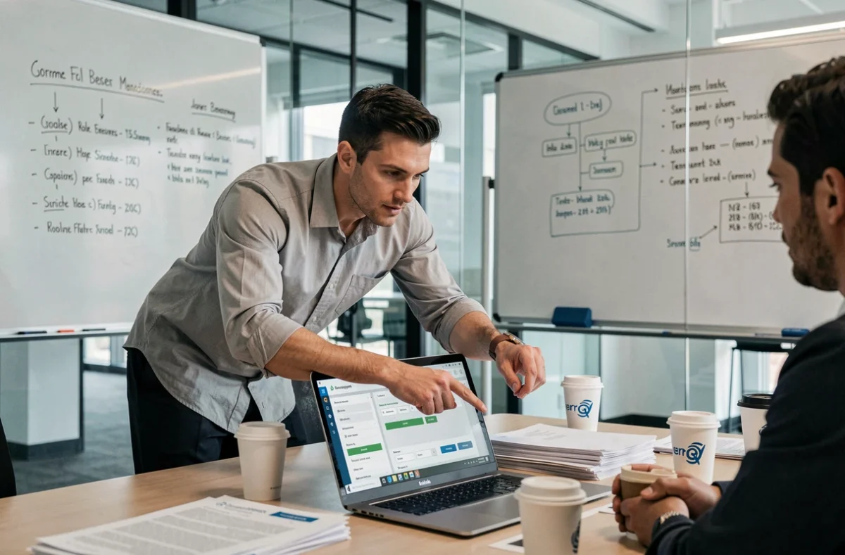 Équipe de courtage configurant les accès utilisateurs sur l'extranet AXA courtage lors d'une réunion de travail