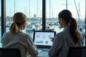 Équipe marketing professionnelle analysant des données de campagne pour l'industrie nautique dans un bureau moderne avec vue sur une marina