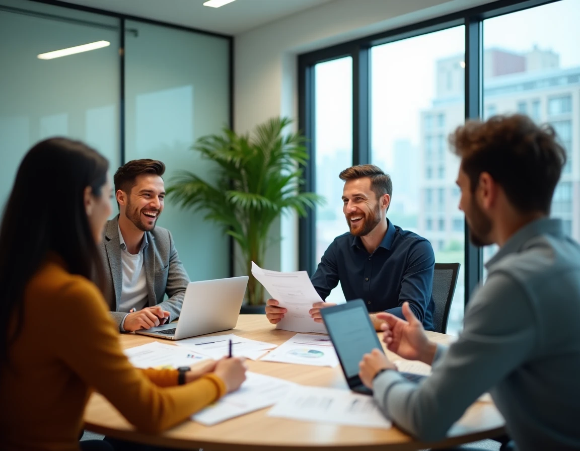 Équipe de porteurs de projet en réunion dans un incubateur de startups discutant des opportunités entrepreneuriales de 2026