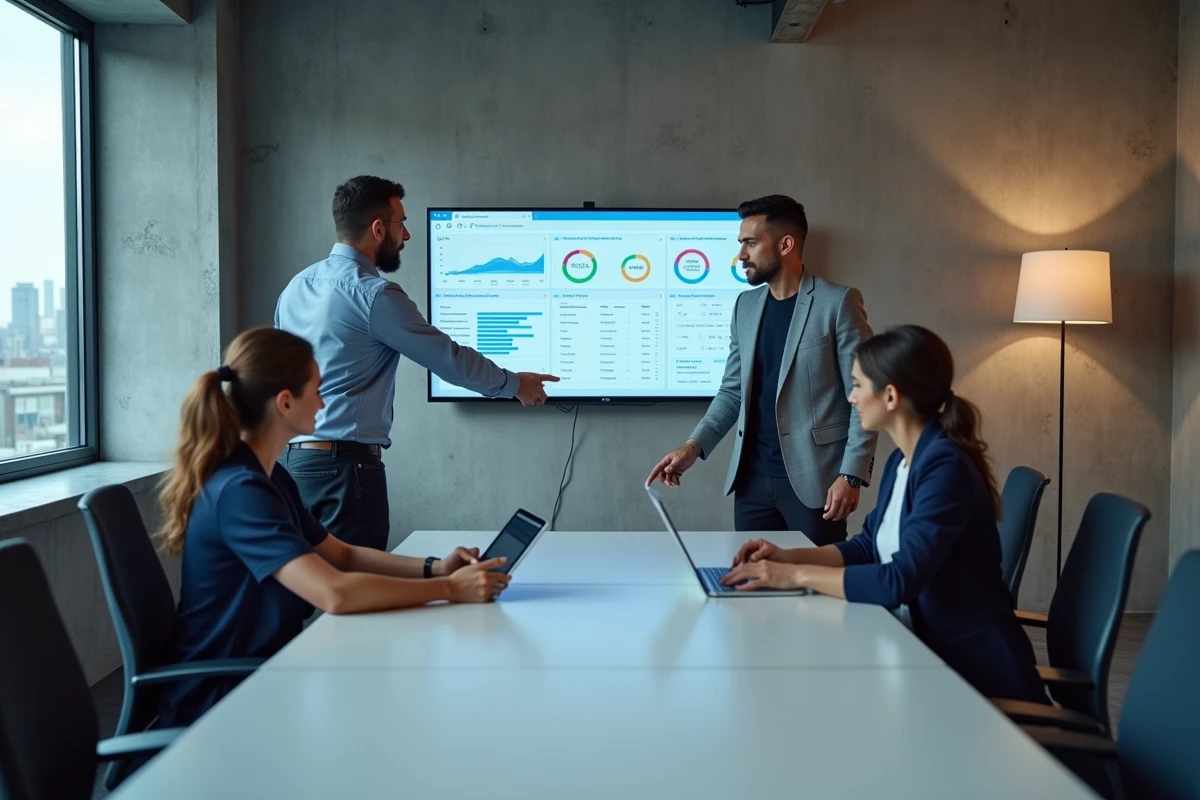 Équipe de recruteurs collaborant devant un tableau de bord numérique de gestion des candidatures en volume