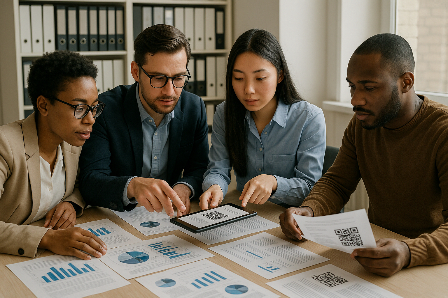 Groupe de professionnels collaborant avec des documents et un scanner QR code