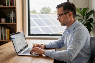 Homme consultant son espace client EDF ENR solaire sur un ordinateur portable dans un bureau à domicile avec panneaux solaires visibles en arrière-plan