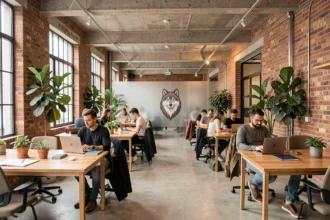 Espace de coworking Le Loup avec bureaux partagés en bois, murs en briques et plantes vertes, ambiance professionnelle et chaleureuse