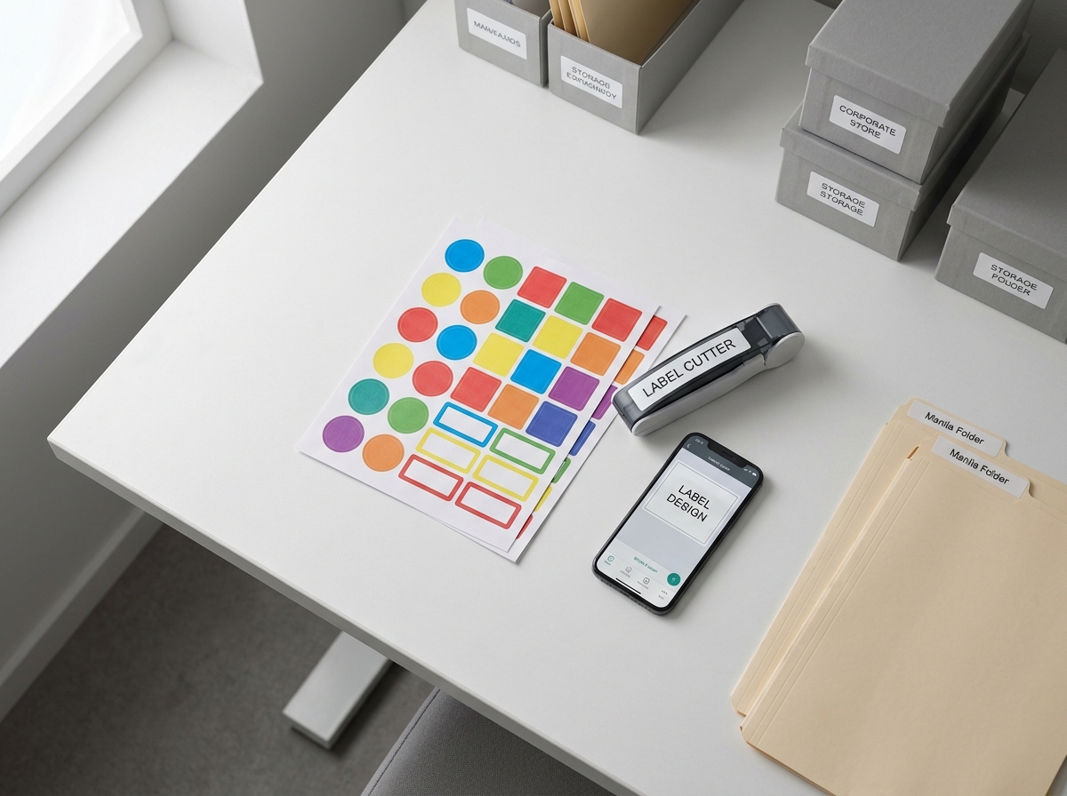 Vue aérienne d'un bureau organisé avec des étiquettes couleur imprimées, une découpeuse et des dossiers classés