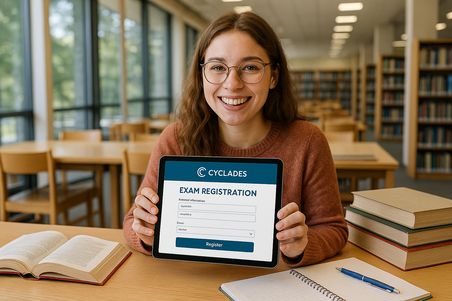 Étudiant souriant dans une bibliothèque avec tablette et livres