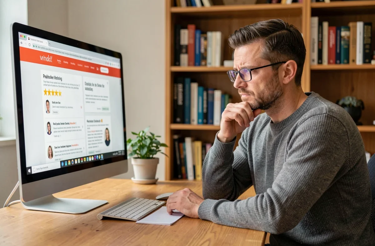 Homme consultant des avis clients et évaluations d'une agence web sur un écran d'ordinateur depuis son bureau à domicile
