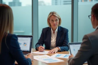 Femme cadre évaluant des formulaires de compétences avant une promotion en réunion d'entreprise