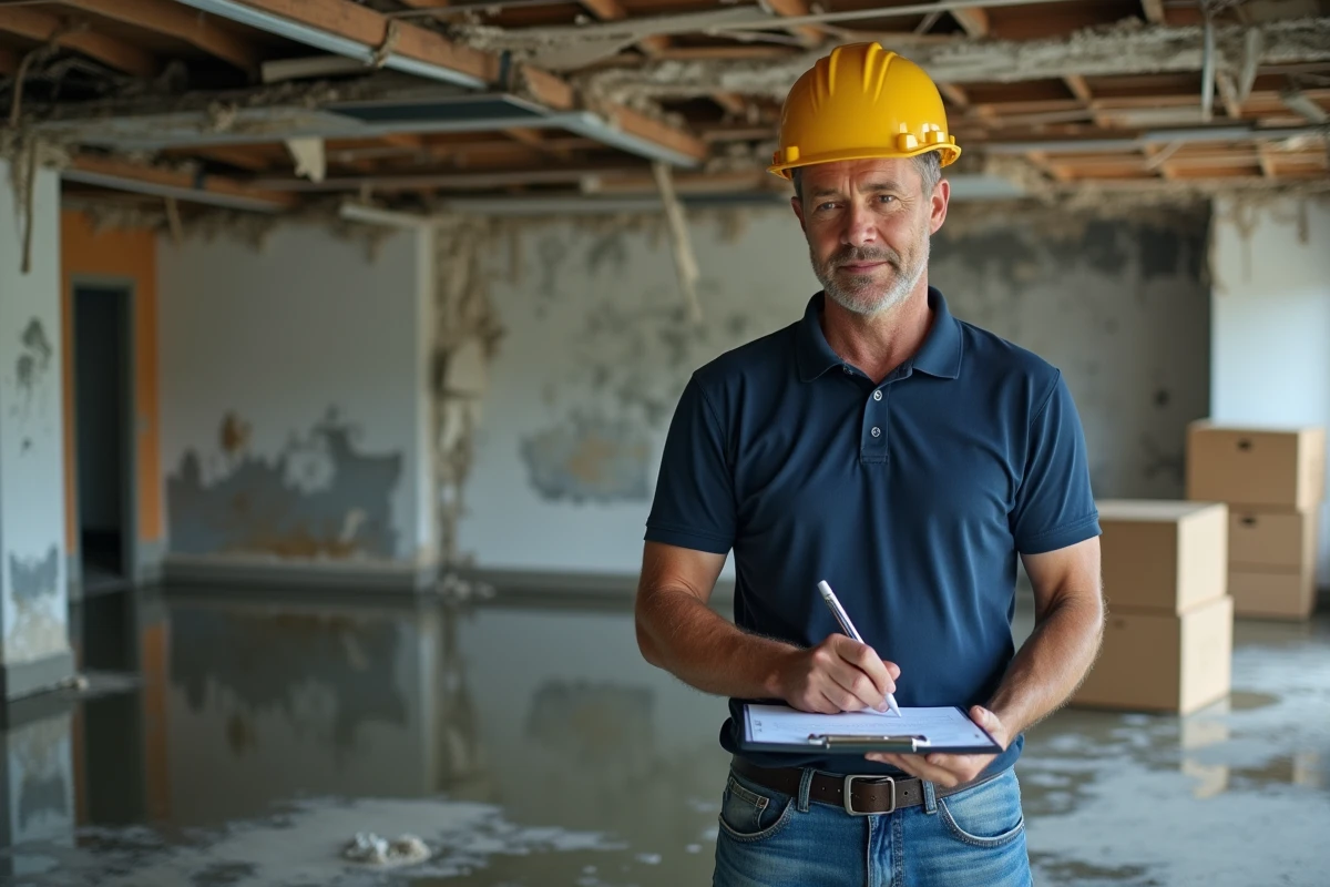 Responsable de chantier évaluant les dégâts dans des bureaux sinistrés avant un débarras professionnel