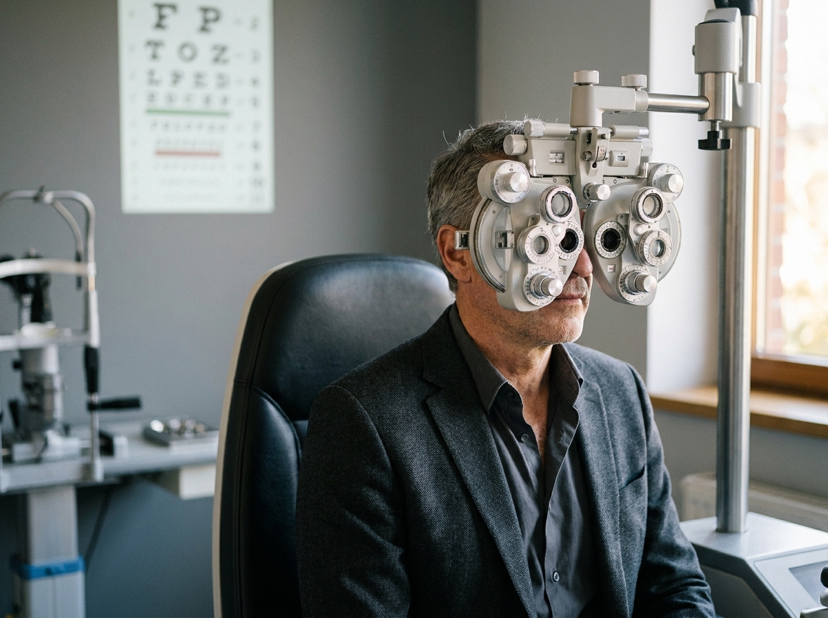 Patient homme en examen de vue chez un ophtalmologiste avec appareil de réfraction dans un cabinet médical moderne