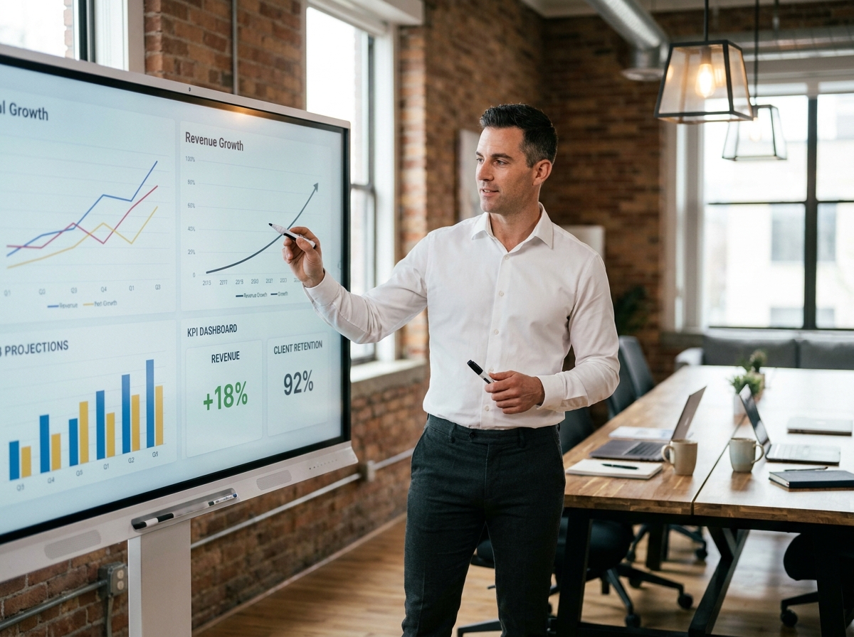 Expert-comptable présentant des projections financières sur un tableau blanc dans un espace de coworking
