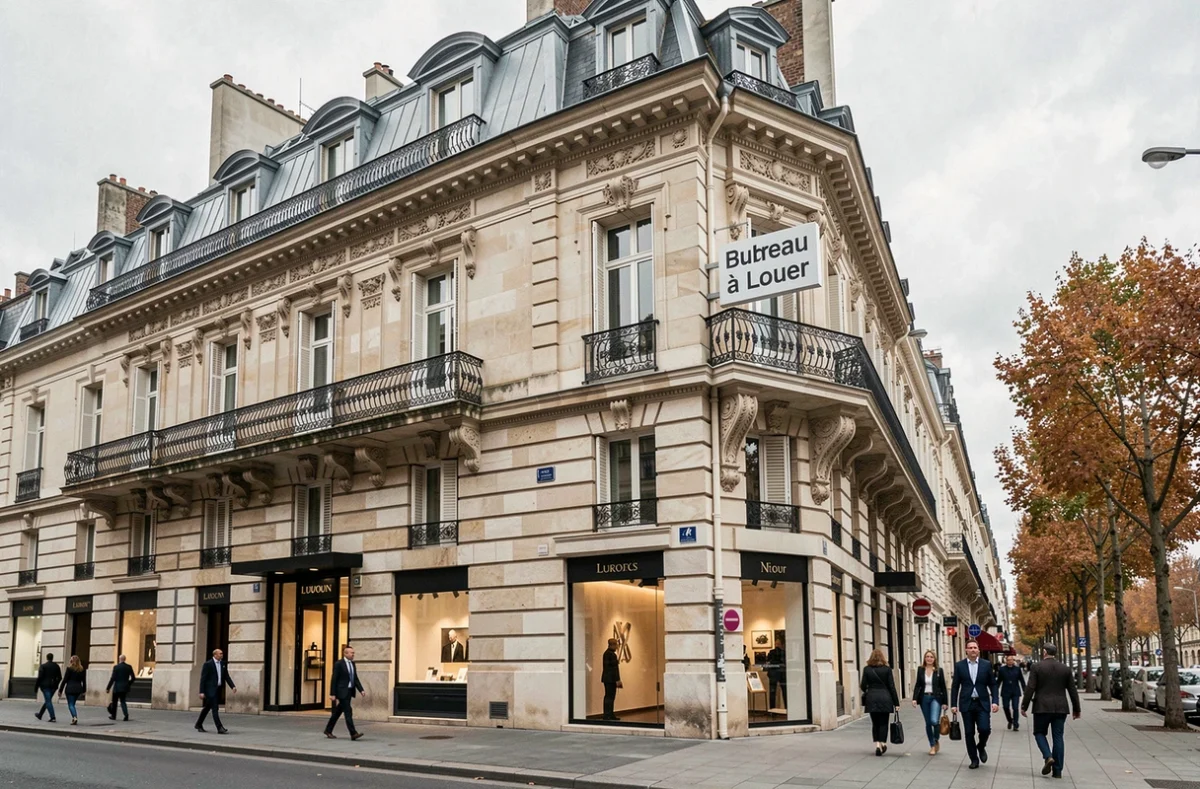 Façade haussmannienne avec panneau de location de bureau sur l'avenue des Champs-Élysées à Paris