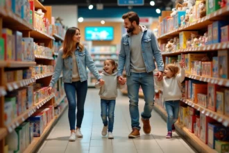 Famille avec deux enfants faisant du shopping dans un magasin de jouets coloré grâce au Shopping Pass