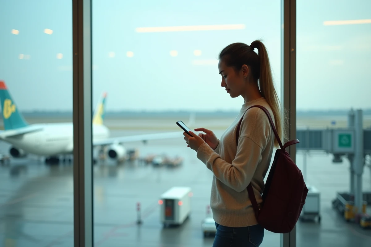 Jeune femme regardant son smartphone dans une salle d