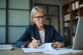 Femme d'affaires en costume tenant un contrat dans un bureau professionnel
