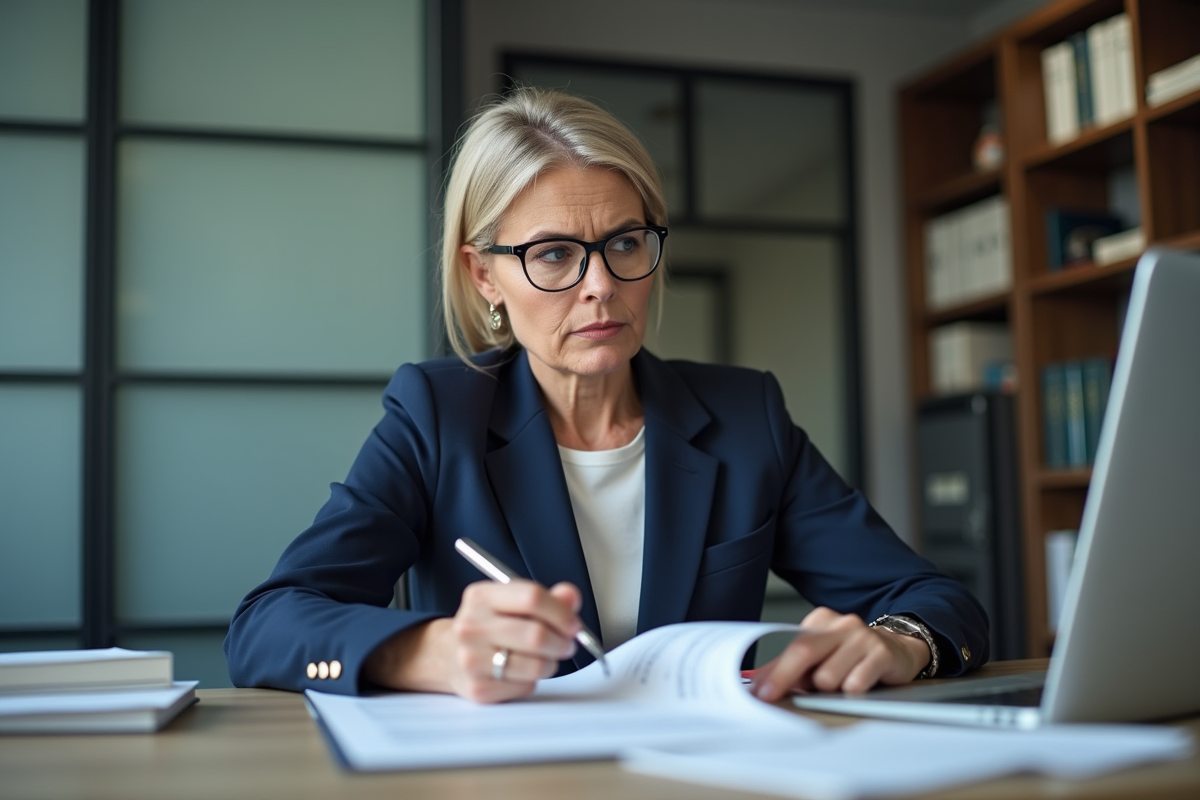 Femme d'affaires en costume tenant un contrat dans un bureau professionnel