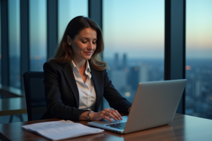 Femme d'affaires au bureau en soirée avec vue sur la ville