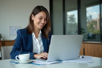 Femme d'affaires souriante dans un bureau moderne