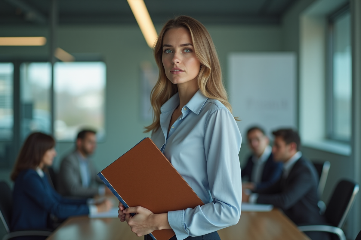 Jeune femme en réunion tenant un dossier de revendications