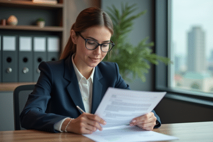 Femme d'affaires en bureau vérifiant un contrat