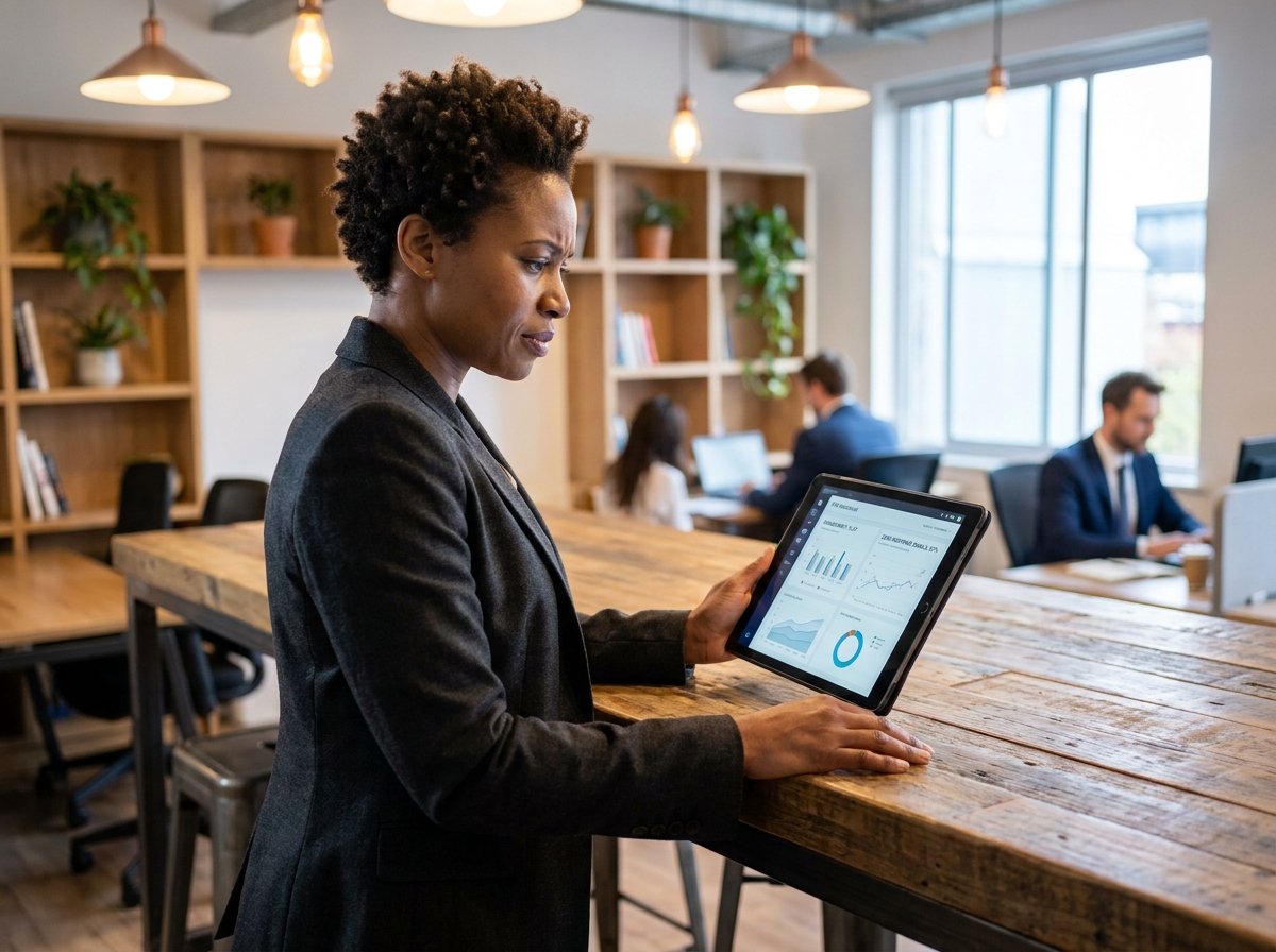 Femme d'affaires analysant des métriques CRM décevantes sur tablette dans un espace de coworking, symbolisant l'inefficacité des méthodes de prospection traditionnelles en B2B