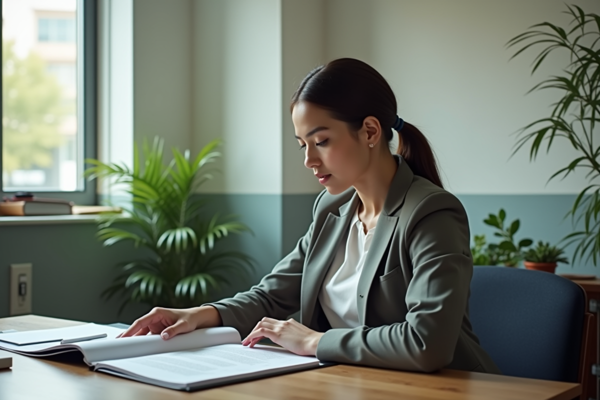 Jeune femme en bureau lisant un dossier environnement