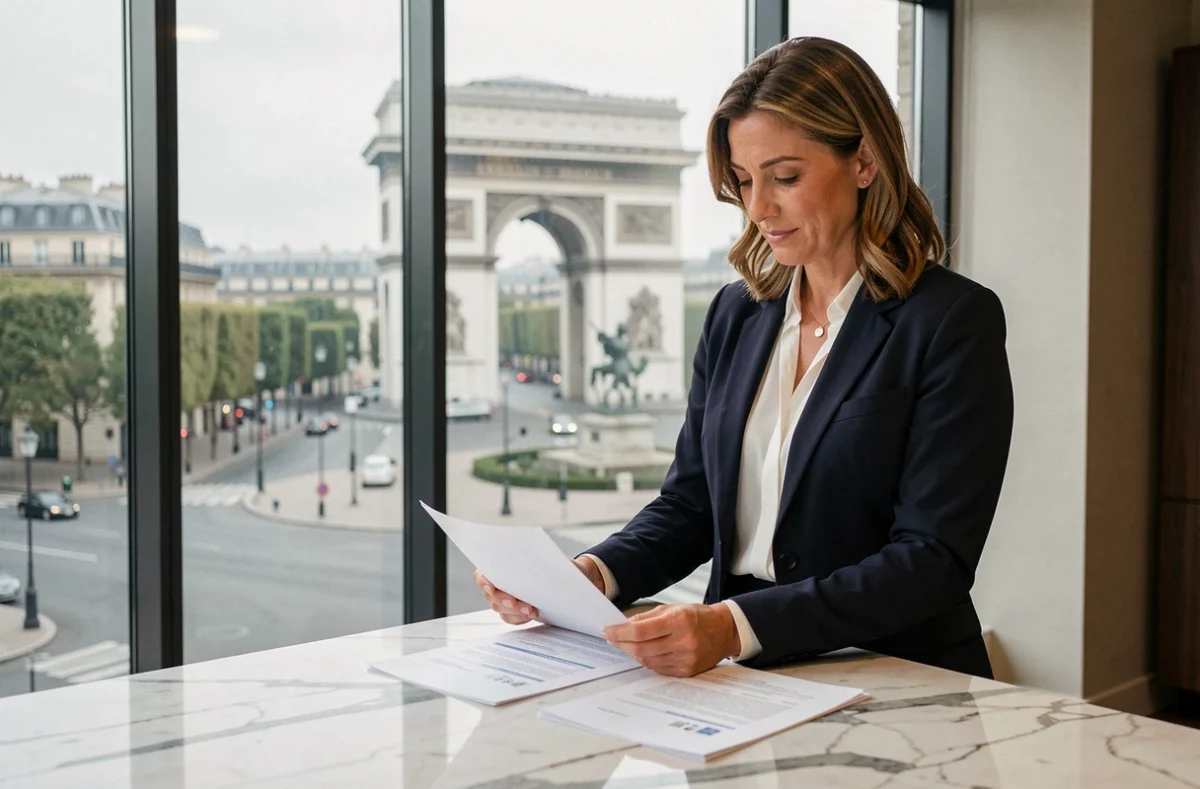 Femme d'affaires consultant un contrat de location de bureau sur les Champs-Élysées avec vue sur l'Arc de Triomphe