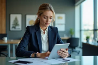 Femme d'affaires en costume bleu travaillant sur une tablette