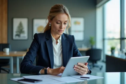 Femme d'affaires en costume bleu travaillant sur une tablette