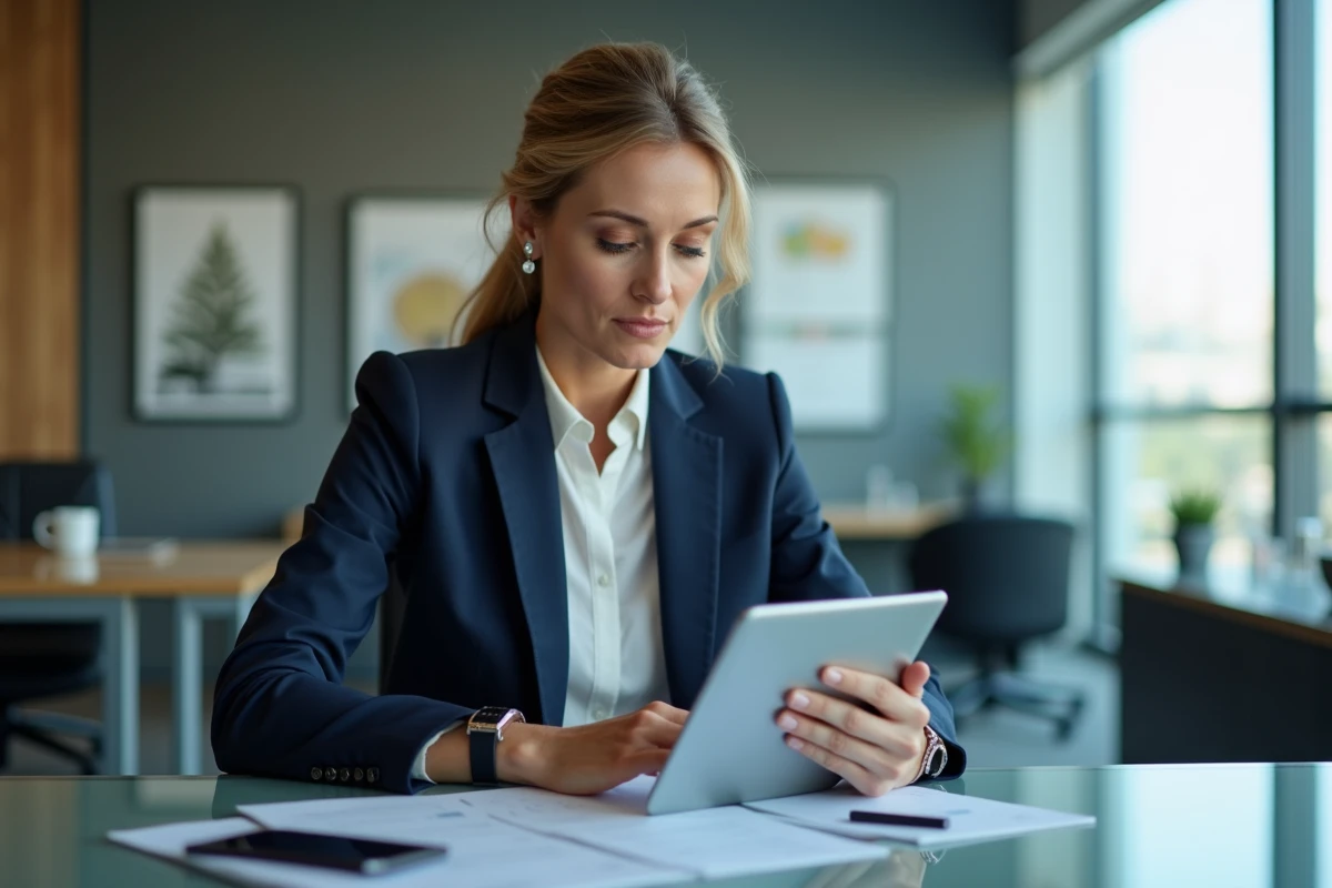 Femme d'affaires en costume bleu travaillant sur une tablette