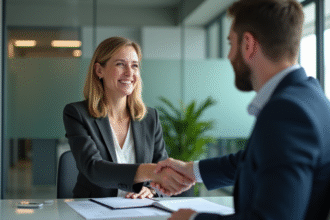 Femme d'affaires souriante serre la main d'un client dans un bureau